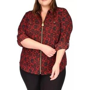MICHAEL Michael Kors Medium Full Zip Shirt Crimson Black Floral Roll Tab Sleeves